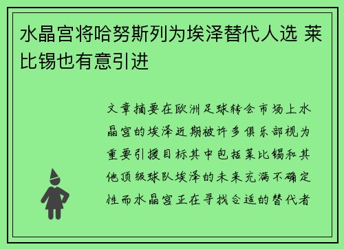 水晶宫将哈努斯列为埃泽替代人选 莱比锡也有意引进