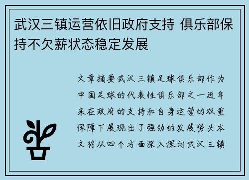 武汉三镇运营依旧政府支持 俱乐部保持不欠薪状态稳定发展