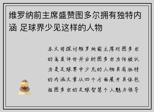 维罗纳前主席盛赞图多尔拥有独特内涵 足球界少见这样的人物